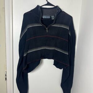 Oscar de la Renta Half Zip Crop Sweater Black Striped Wool Blend